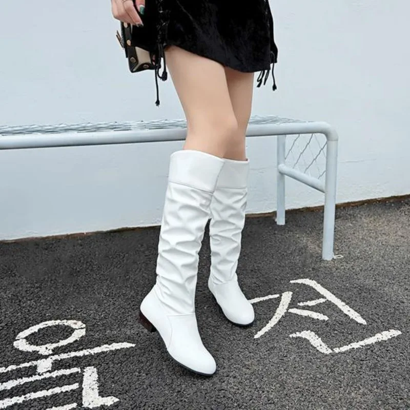 Women\'s Boots Winter Knee High Shaft Black Footwear Round Toe Leather Long Shoes For Woman White Stylish And Low Price Hot