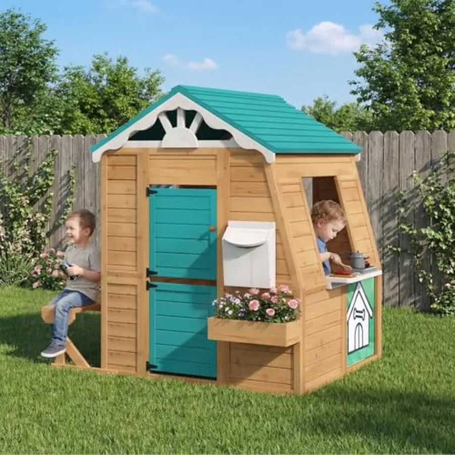 

Wooden Playhouse Cottage with Bench, Split Door, Mailbox, Blackboard, Toy Sink Kitchen Playset for Outdoor Play and Backyard Fu