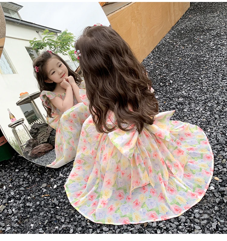 Kids Girls Floral Sleeveless Vest Dress Bowknot 2024 Children Summer Chiffon Baby Girl Princess Dresses