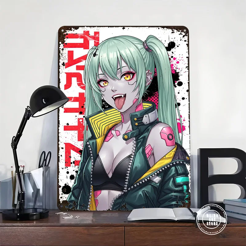 Cyberpunk Anime Girl With Pigtails Tinplate Poster Customized Wall Art Vintage Metal Signs Retro Plates for Home Decoration Room