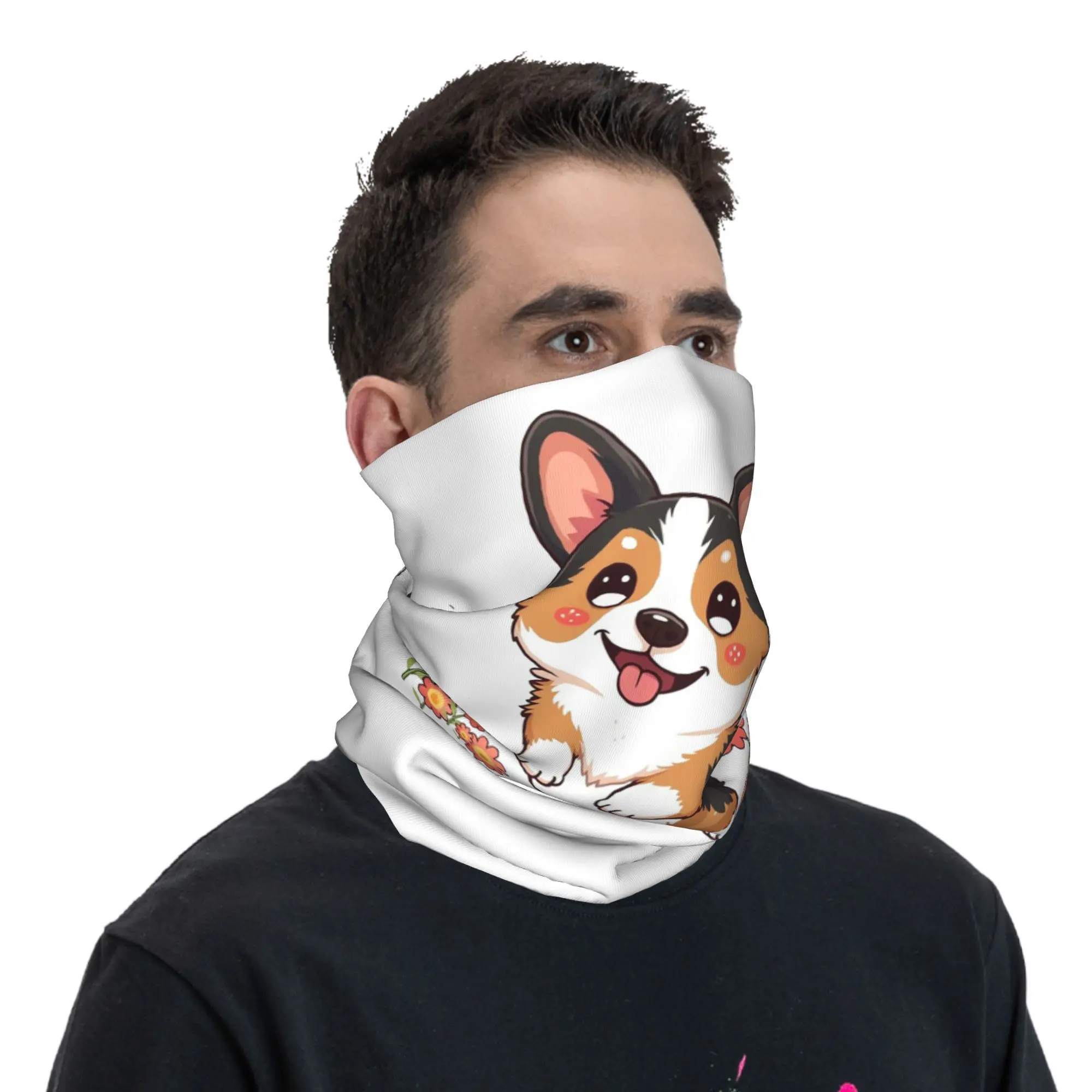 Kawaii Tricolor Corgi في الحديقة باندانا غطاء الرقبة المطبوعة التفاف وشاح متعدد الاستخدام أغطية الرأس تشغيل للجنسين الكبار يندبروف