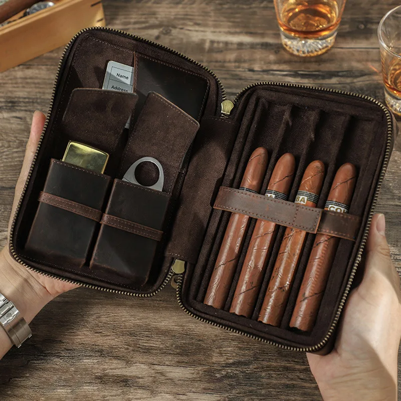 Cigar Accessories Vintage Horseskin Humidor 4-Piece Handcrafted Wrist Zipper Outdoor Cigar Set Storage Case Smoking Accessories