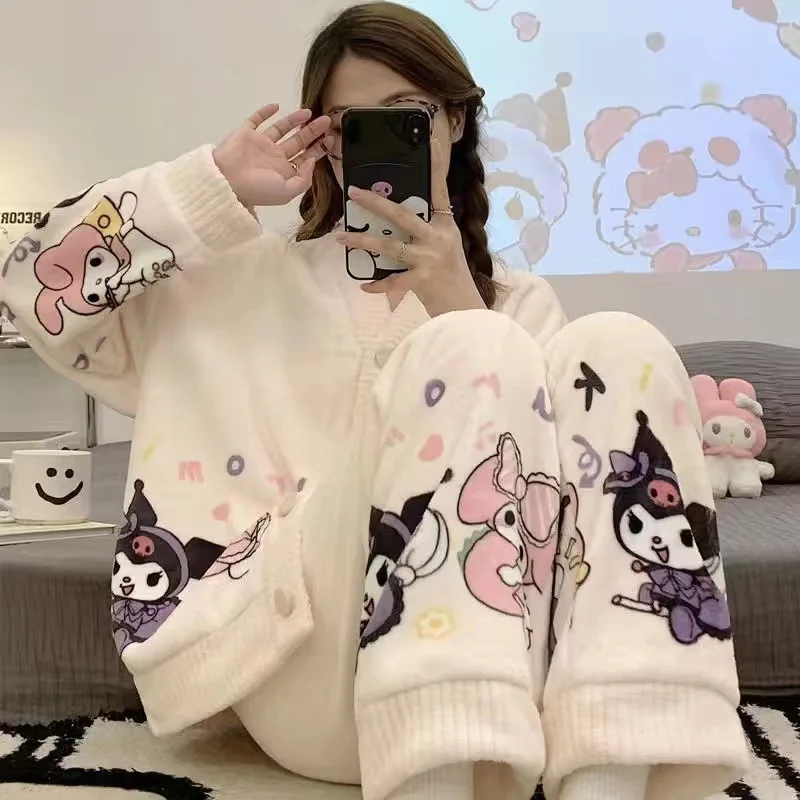 Kawaii Peanuts Snoopy Sanrio Kuromi My Melody Cinnamoroll Coral Fleece Pajamas Thick Women Home Clothing Flannel Loose Girl Gift