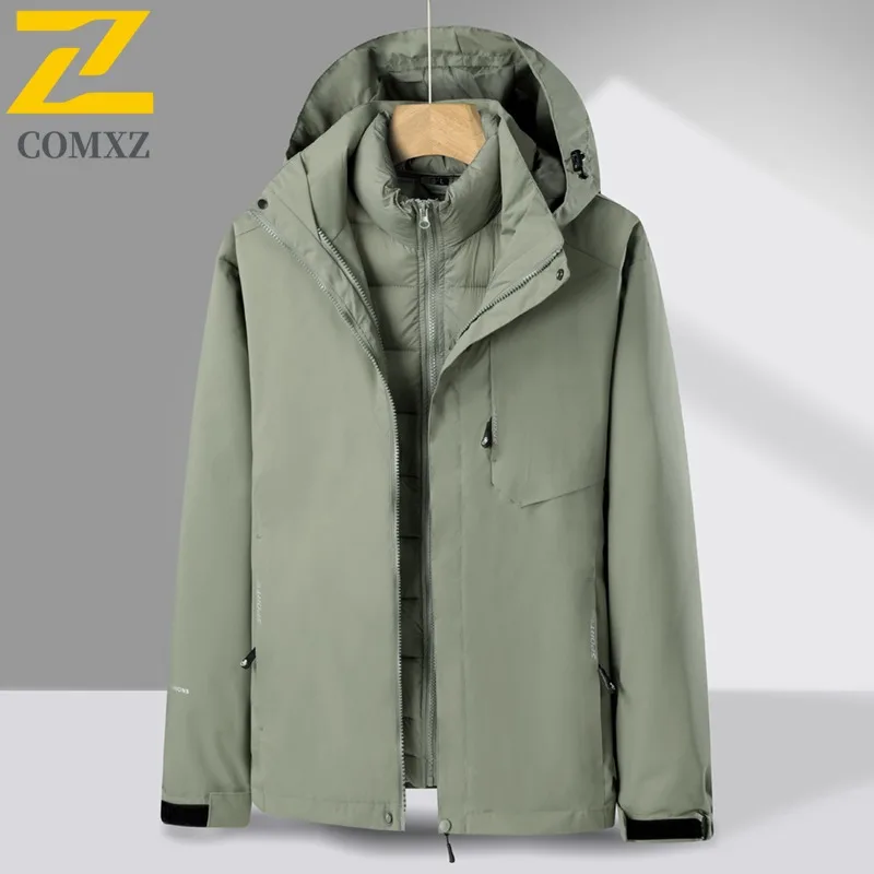 COMXZ 2025 Winter Couples Detachable Hood 3 in 1 Waterproof Windproof Jacket Thick Outdoor Sports Coat lightweight windbreaker
