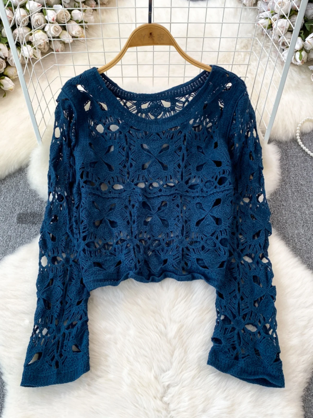 2024 Spring Summer Pullovers Tops Korean Fashion Long Sleeve Women Hollow out Knitted Shirt Round Neck Hook Flower Knitwear