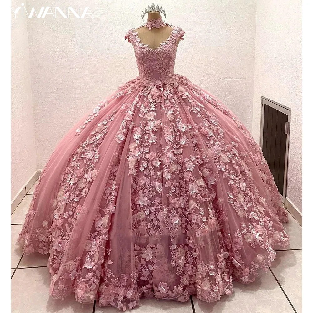 핑크 공주 원피스 성인식 드레스, 아름다운 아플리케 3D 꽃, 달콤한 16 세 생일 파티 가운