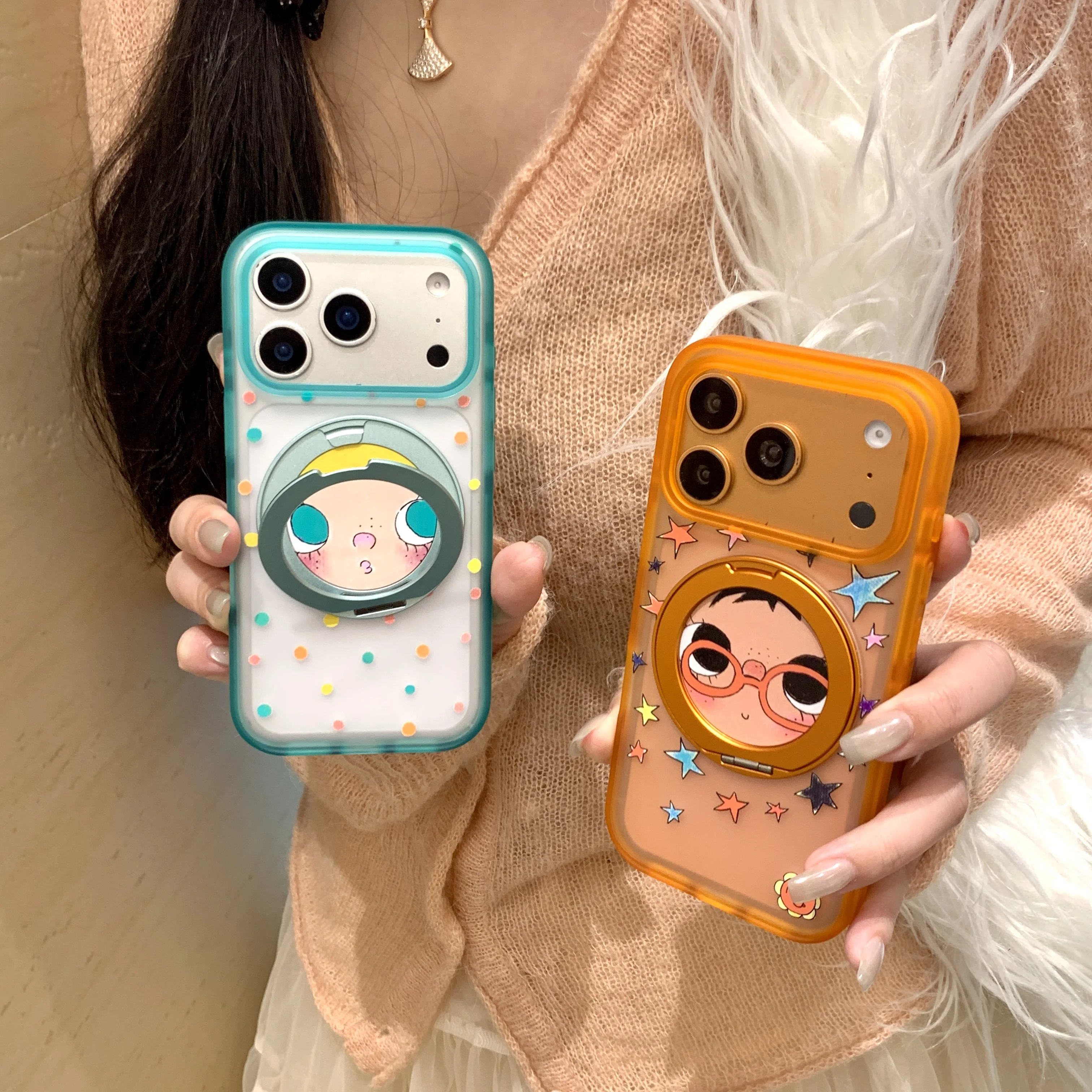 

Funny Cartoon Glasses Girl Phone Case for iPhone 15 Pro 16 Max 17 Pro Max Funda With 360 ° Bracket Korean Cute Shockproof Cover
