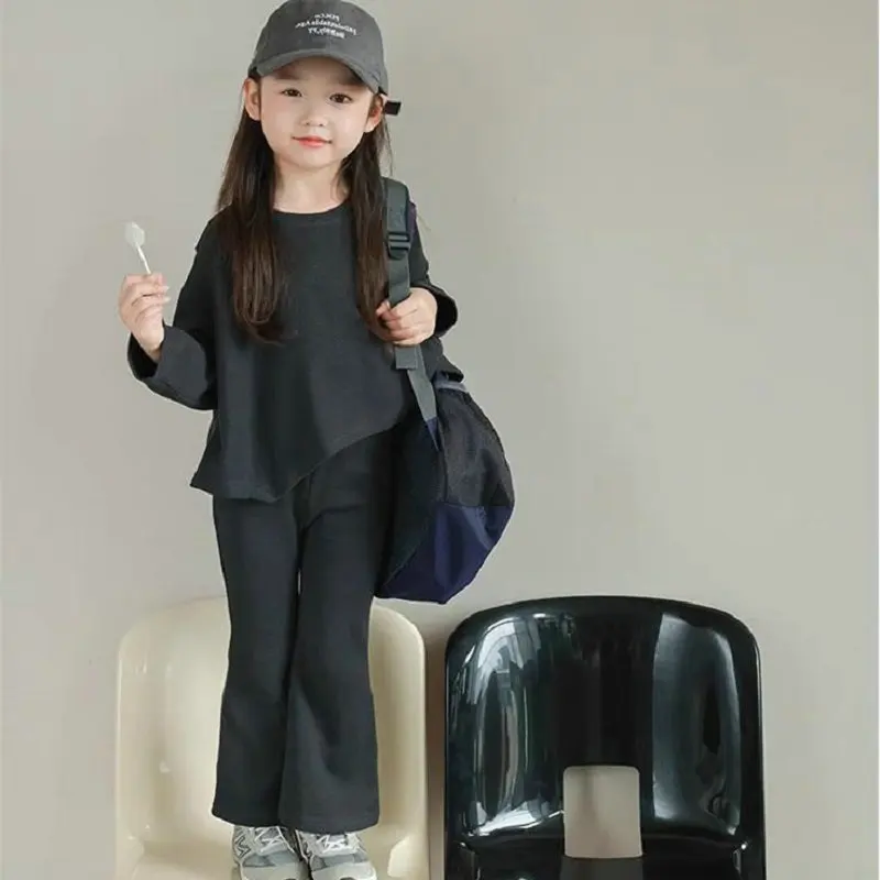 Girls Suit Loose Long-sleeved Batman Shirt Plus Flared Pants 2024 Spring and Autumn New Style Children Clothing Solid Sets