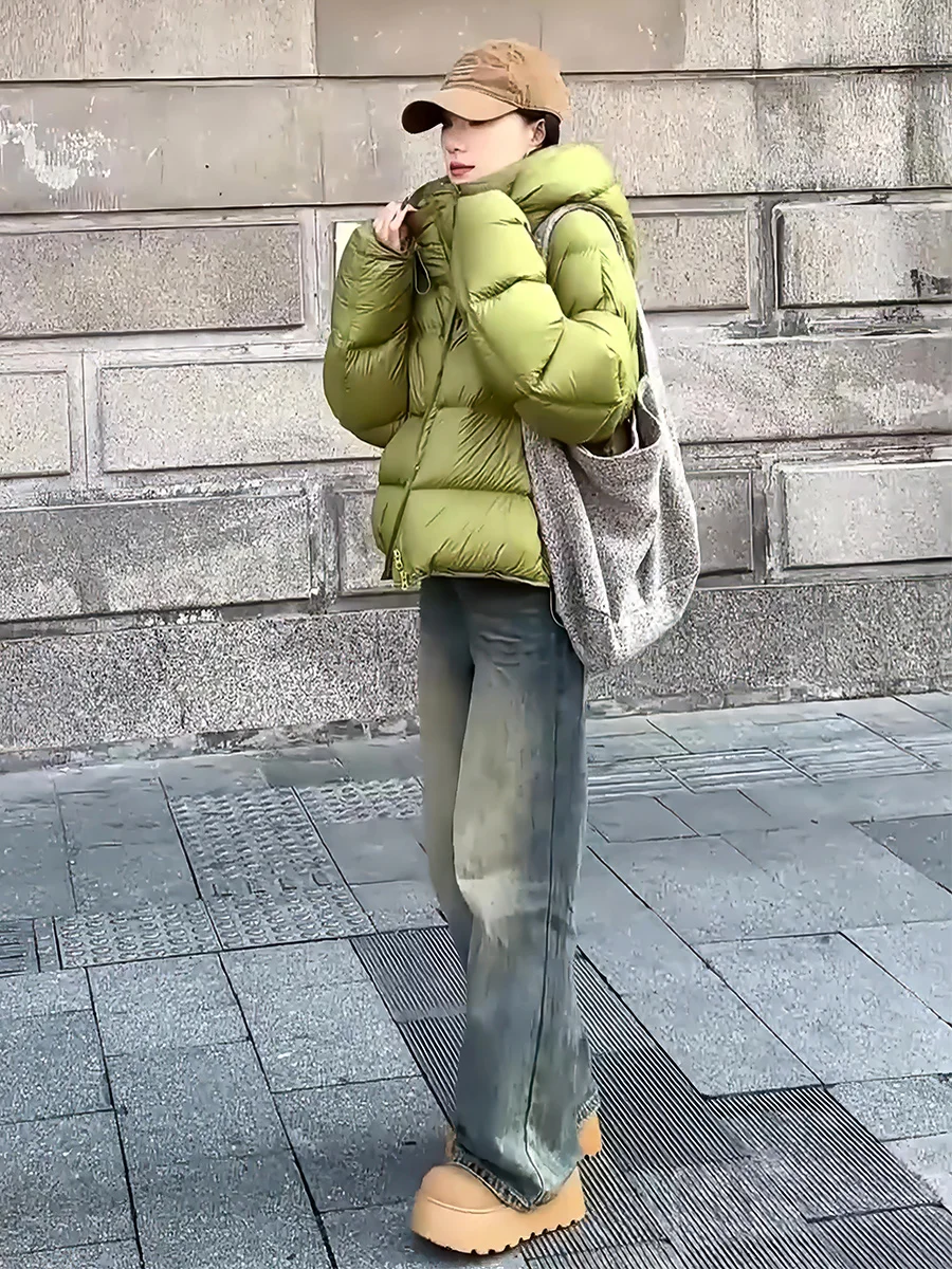 Mujer ort blanco Du down Jaet con capucha Dstring Thi cálido abrigo de invierno Faionable viaje Sle capucha desmontable