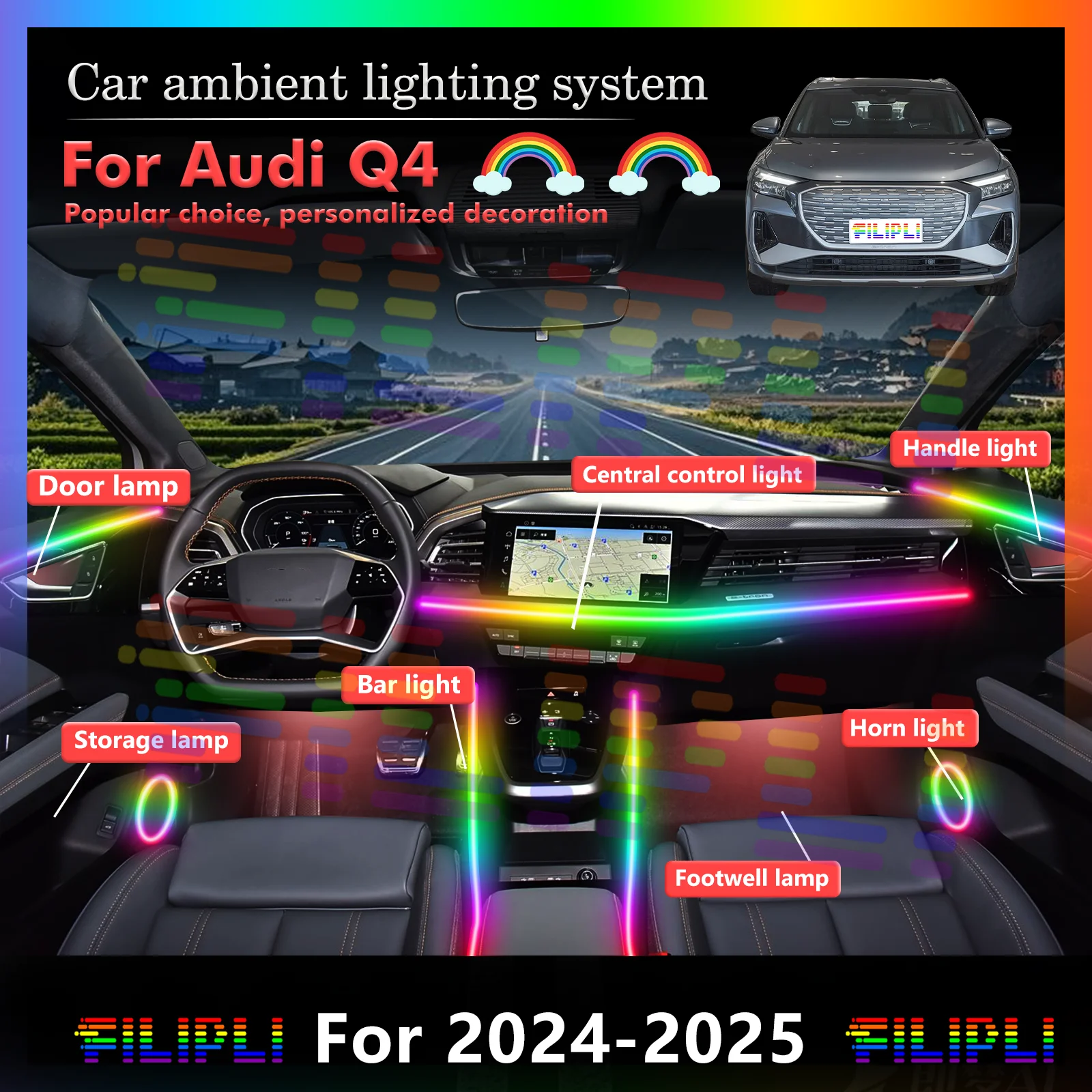 

For Audi Q4 Car LED Interior Ambient Decorative Light, Smart Control Multi-color Lamp