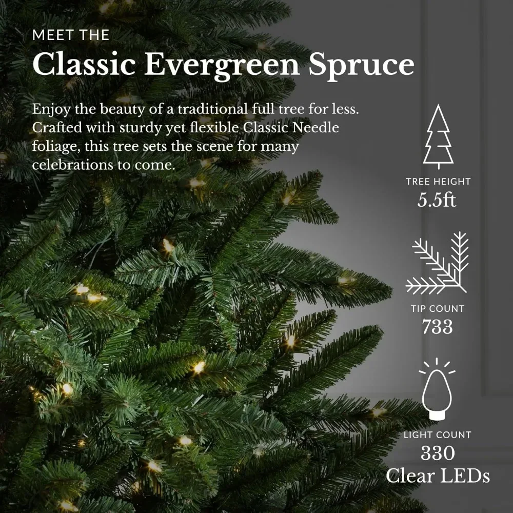 5.5ft Pre-Lit Artificial Christmas Tree with Candlelight Clear LED Lights, Classic Evergreen Spruce Premium Christmas Tree