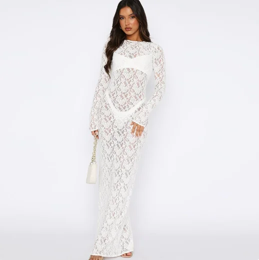 

Women Sexy See Through Lace Maxi Party Dress Fashion White Hollow Out Off Shoulder High Waist Bodycon Party Robe Holiday Outfit