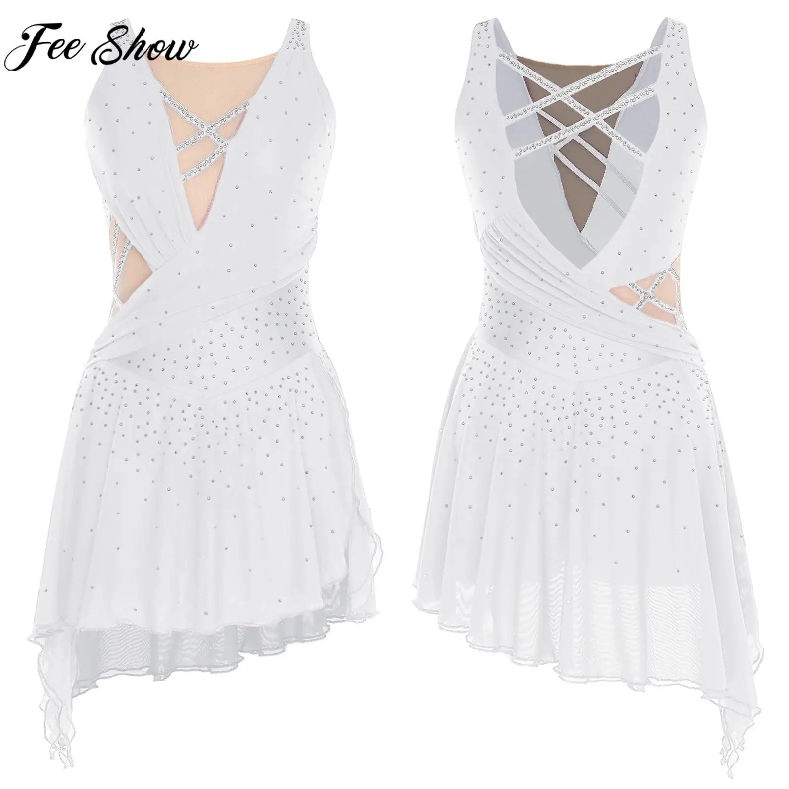 Women Figure Skating Dress Shiny Rhinestones Mesh Side Slit Leotard Dresses Lyrical Dance Ballet Gymnastics Acrobatics Costume