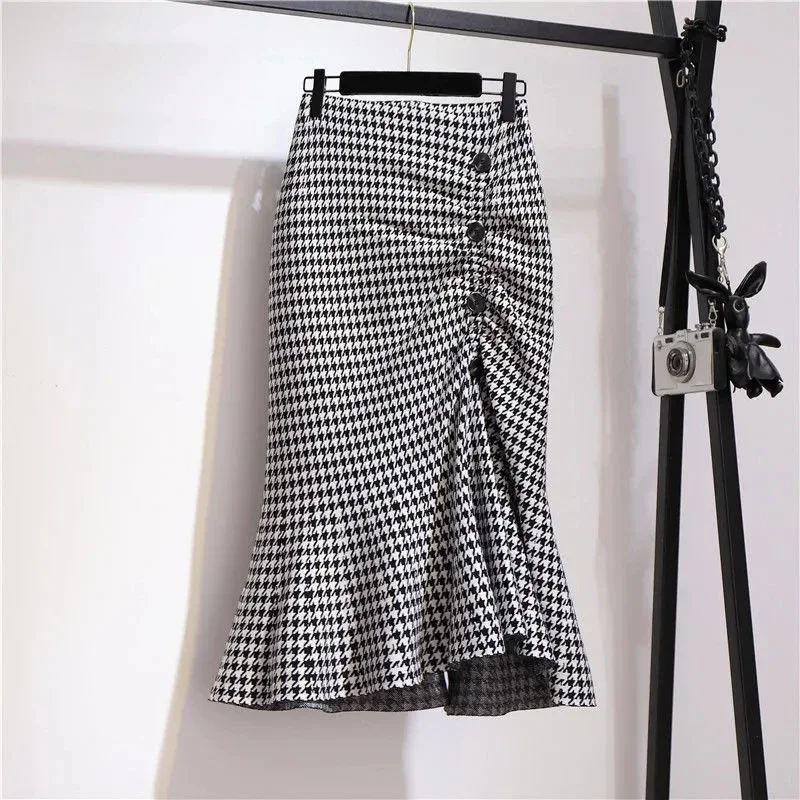 

Trumpet Houndstooth Vintage High Waist Buttons Women's Skirt Korean Fashion Mermaid Mid-Calf Long Skirts for Women 2025 Spring