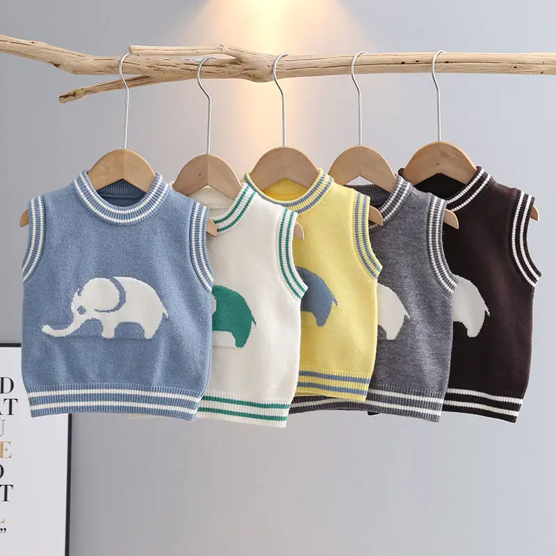 

Spring Baby Boys Cartoon Elephant Knit Sweater Knitwear Kids Clothes Toddler Sweaters Vest Children Sleeveless Pullovers FY12163