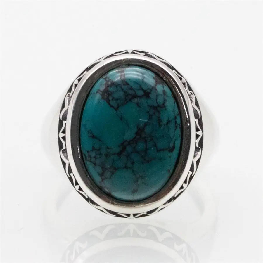 925 Sterling Silver Ring Male Natural Turquoise Stone Vintage Classic Simple 925 Silver Wedding Hand Rings Men