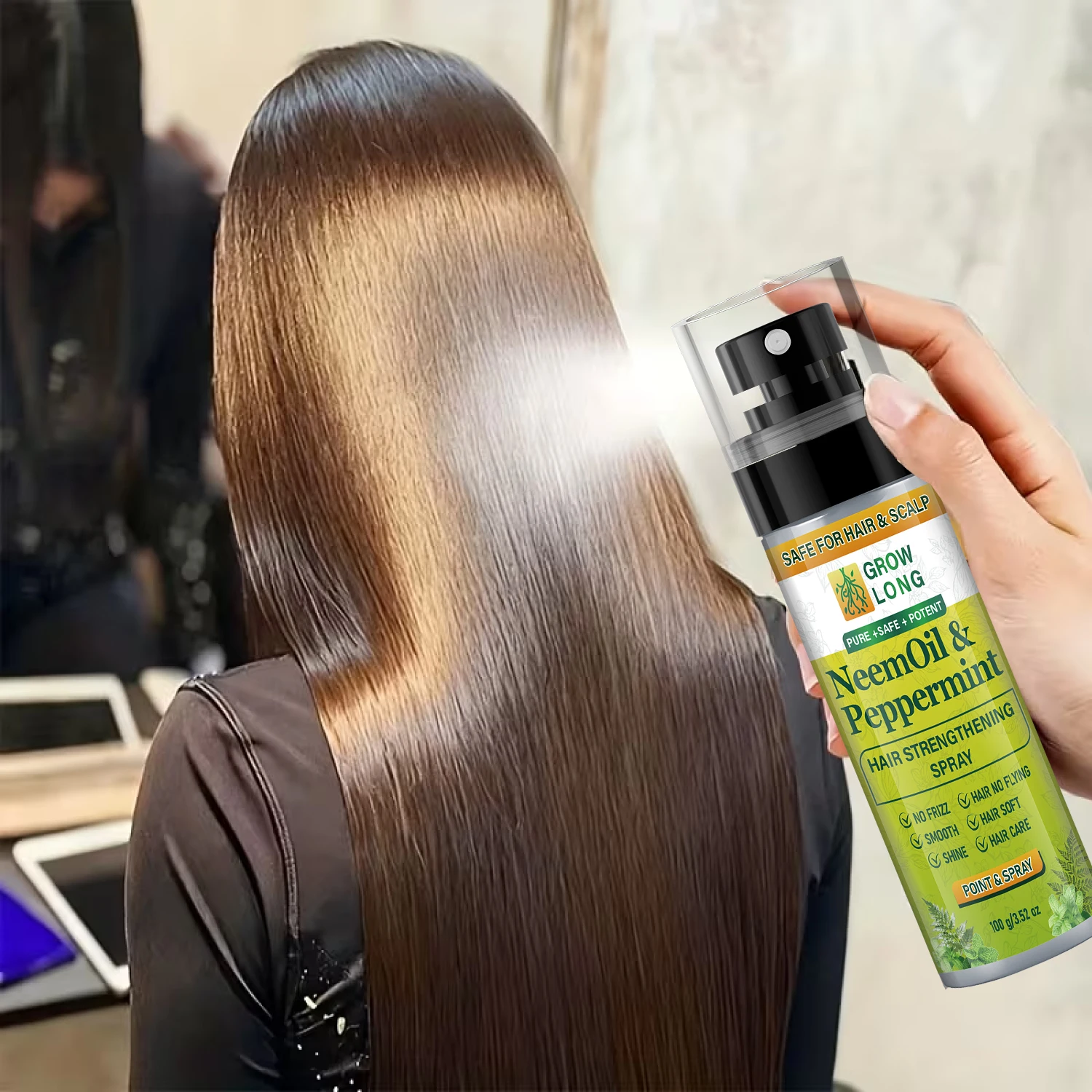 Spray Fortalecedor del Cabello con Aceite de Neem y Menta - Brillo Suave, Seguro para el Cabello y el Cuero Cabelludo, con Biotina y Queratina