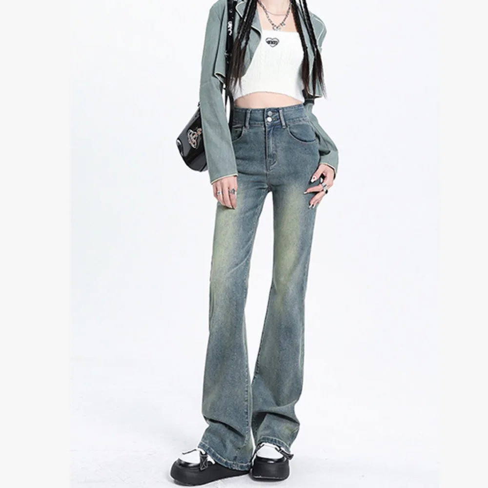 High Waist Stretch Jeans Women Spring Breasted Slim Flare Pants Women Denim Trousers Washed Pockets Regular Jean Pants Female