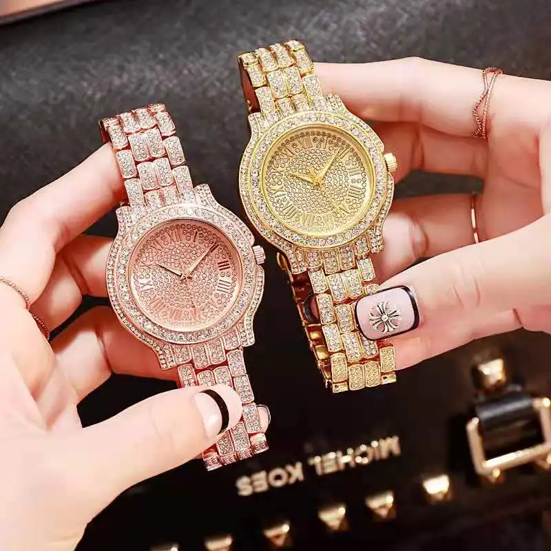 Silver Gold Watch + Bracelet Watches Set Hip Hop Miami Curb Cuban Chain Iced Out Paved Rhinestones Bling Rapper for Men Jewelry