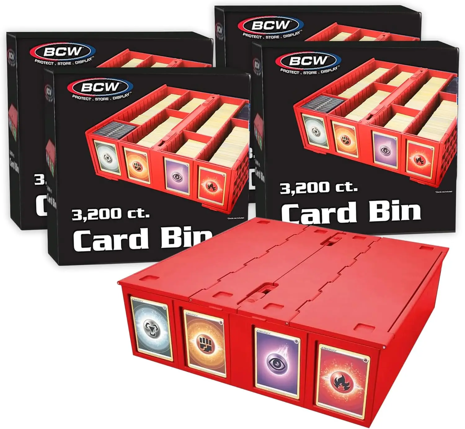 

Red 4-Pack Card Storage Bin, Holds 3200 Cards Each with Dividers, Ideal for Collectible Cards