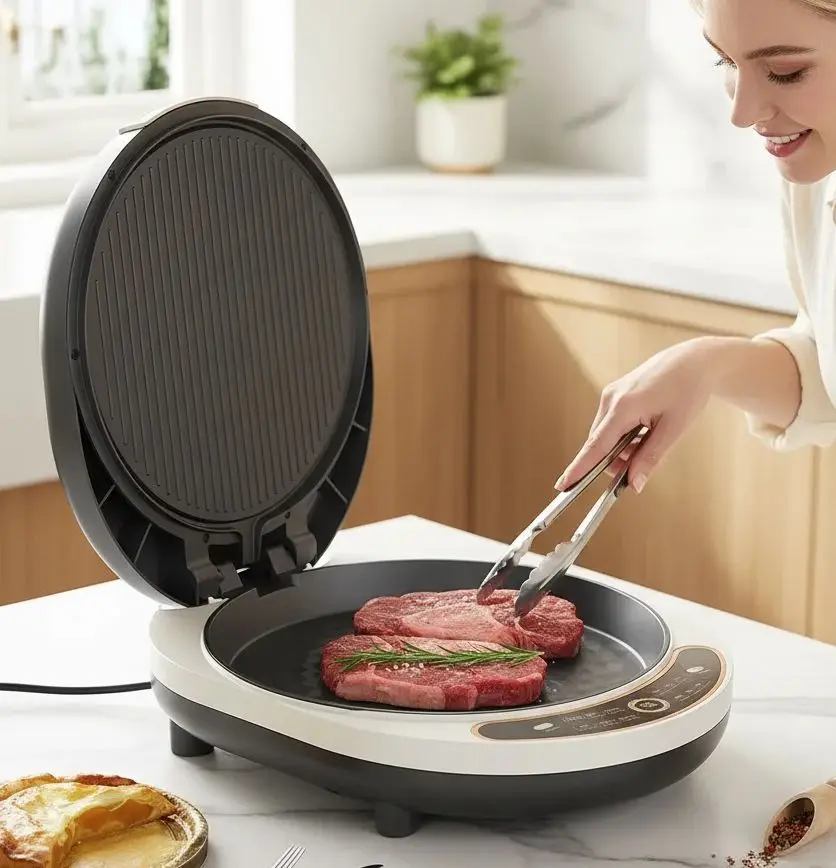 مقلاة خبز كهربائية منزلية للتدفئة على الوجهين وموسعة مع ميزة إيقاف التشغيل التلقائي لصنع البيتزا
