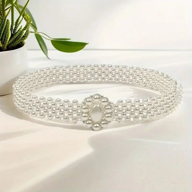 Pearl Waist Chain Stretch Elastic Belt for Dresses Women's Fashion Body Jewelry Adjustable Waist Cincher Belt Decoration