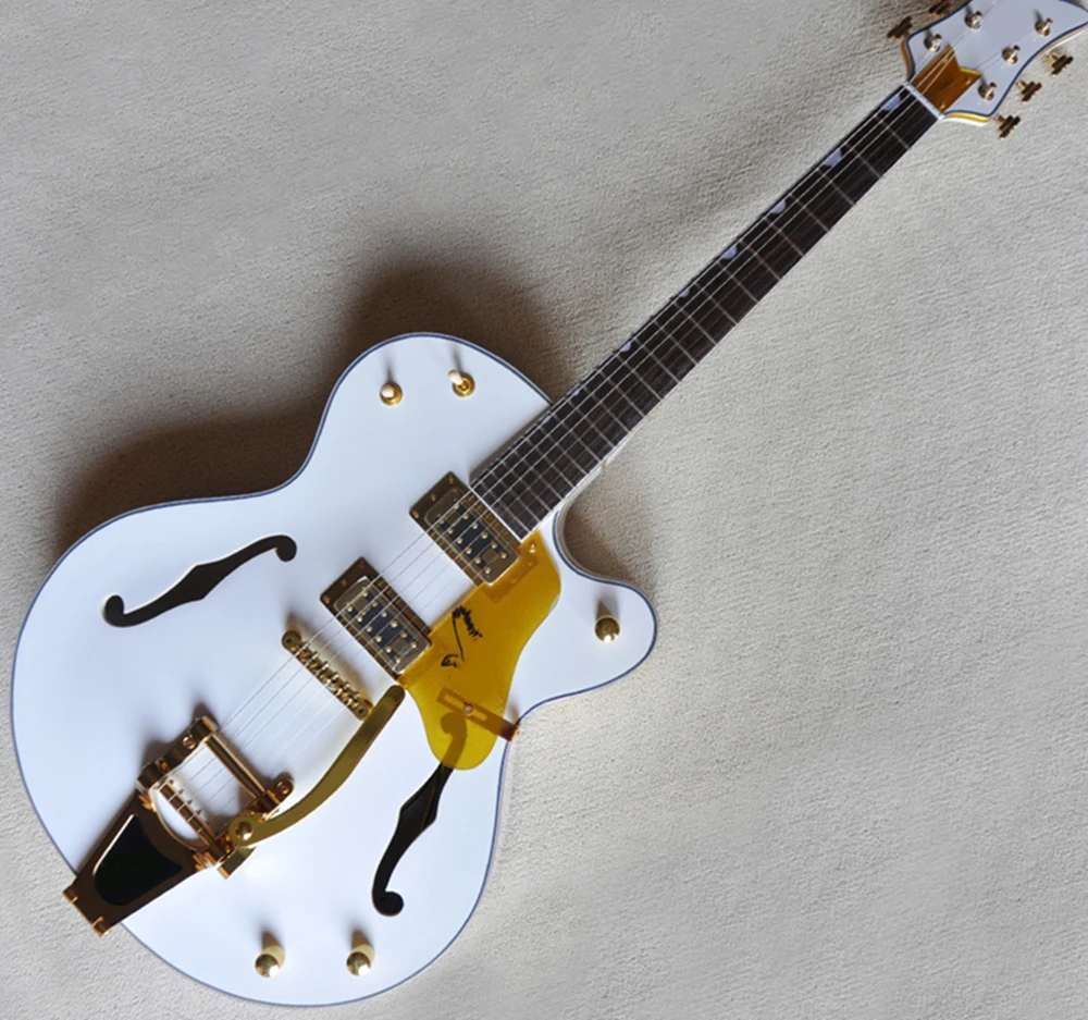 Guitarra eléctrica de cuerpo semihueco blanco de 6 cuerdas con golpeador dorado, oferta personalizada