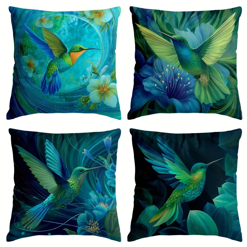 Vibrant Hummingbird Floral Pillowcase Set 4pcs Square Aesthetic Cushion Covers for Bed Decorative 40x40cm Nature Art