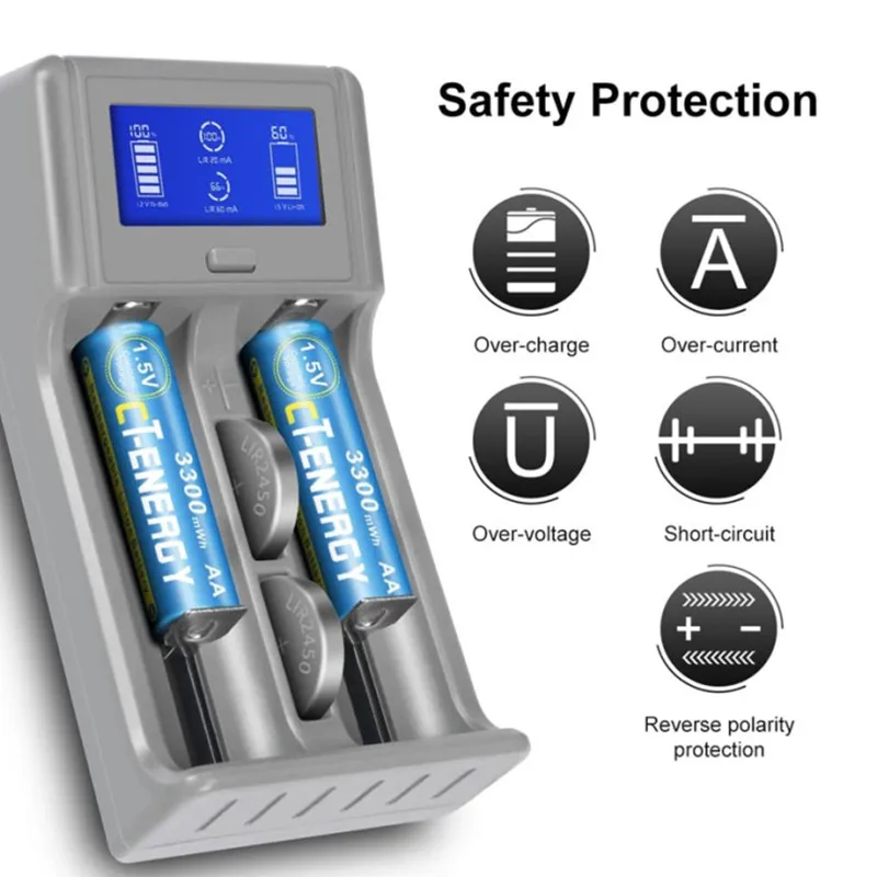 Smart Battery Charger AA/AAA/18490/18350/17670/17500 Quick Charging LIR2450/LIR2032 Coin Batteries Charger for Lithium/NiMH/NiCD