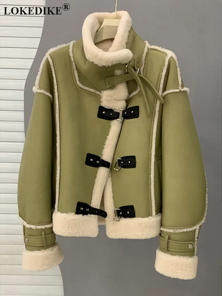 High Grade Green Short Women Winter Parkas Stand Collar Lambswool Faux Suede Coat 2023 New Biker Style Fashion Fur Jackets