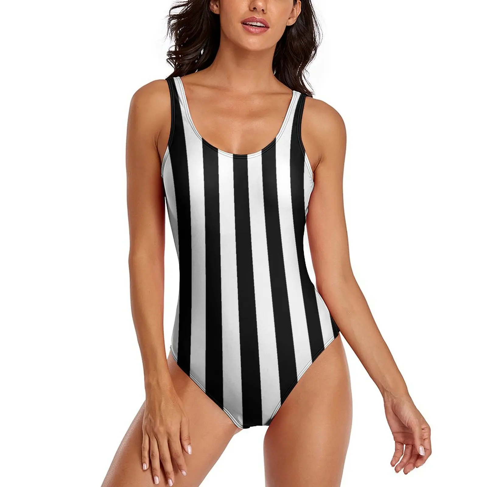 

Classic Striped Swimsuit Sexy Black White Stripes Ladies Swimwear One-Piece Vintage Bodysuit Fitness Push Up High Cut Monokini