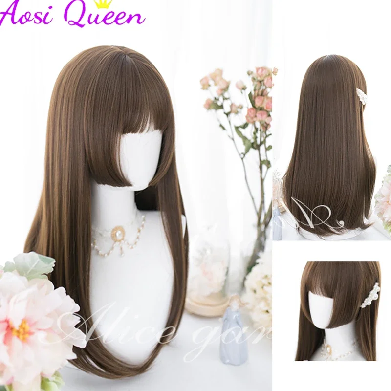 AS-pelucas largas y rectas con flequillo para mujer, peluca completa sintética resistente al calor, negra y marrón, pelucas favoritas afroamericanas