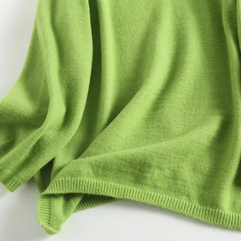 Maxdutti WInter  Fashion Green Solid O-neck Pullovers Tops Sweaters Women