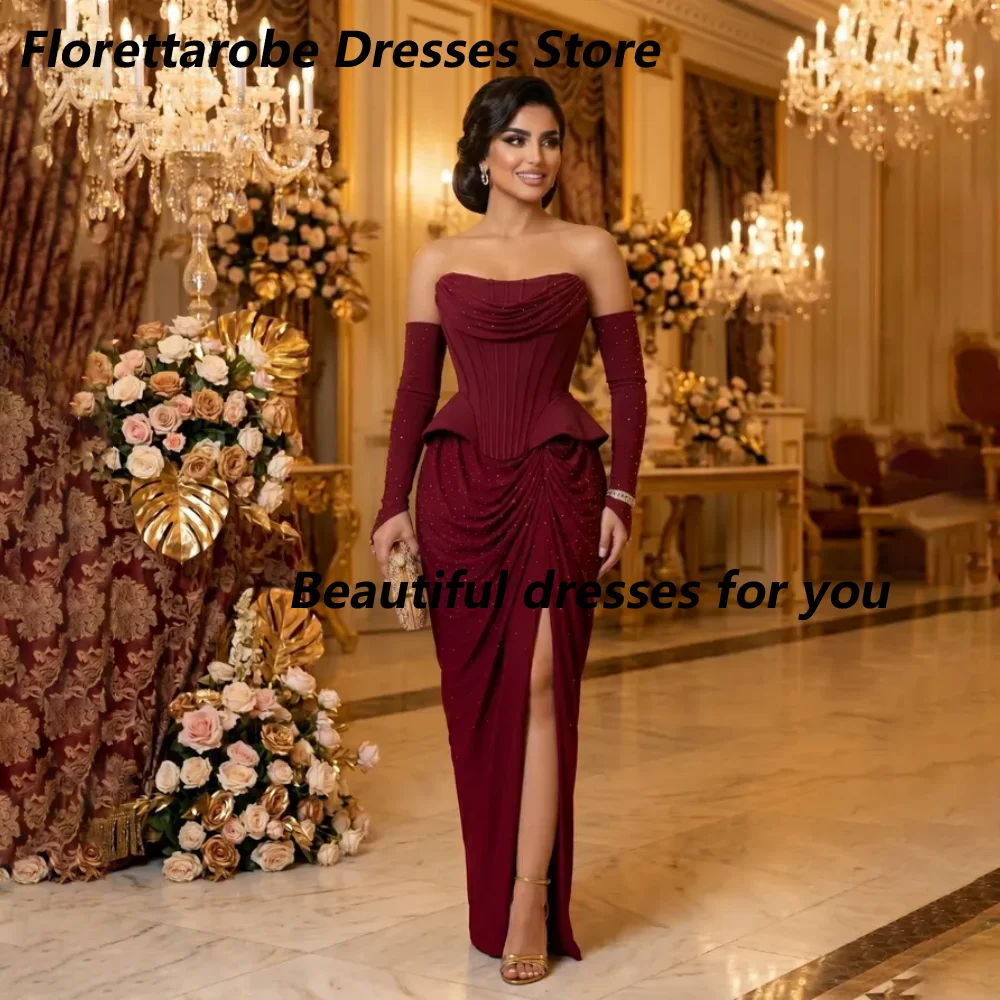 Customized Burgundy Strapless Beading Pleated Front Split Mermaid Evening Dresses Half Sleeve Backless Floor Length  Prom Gown