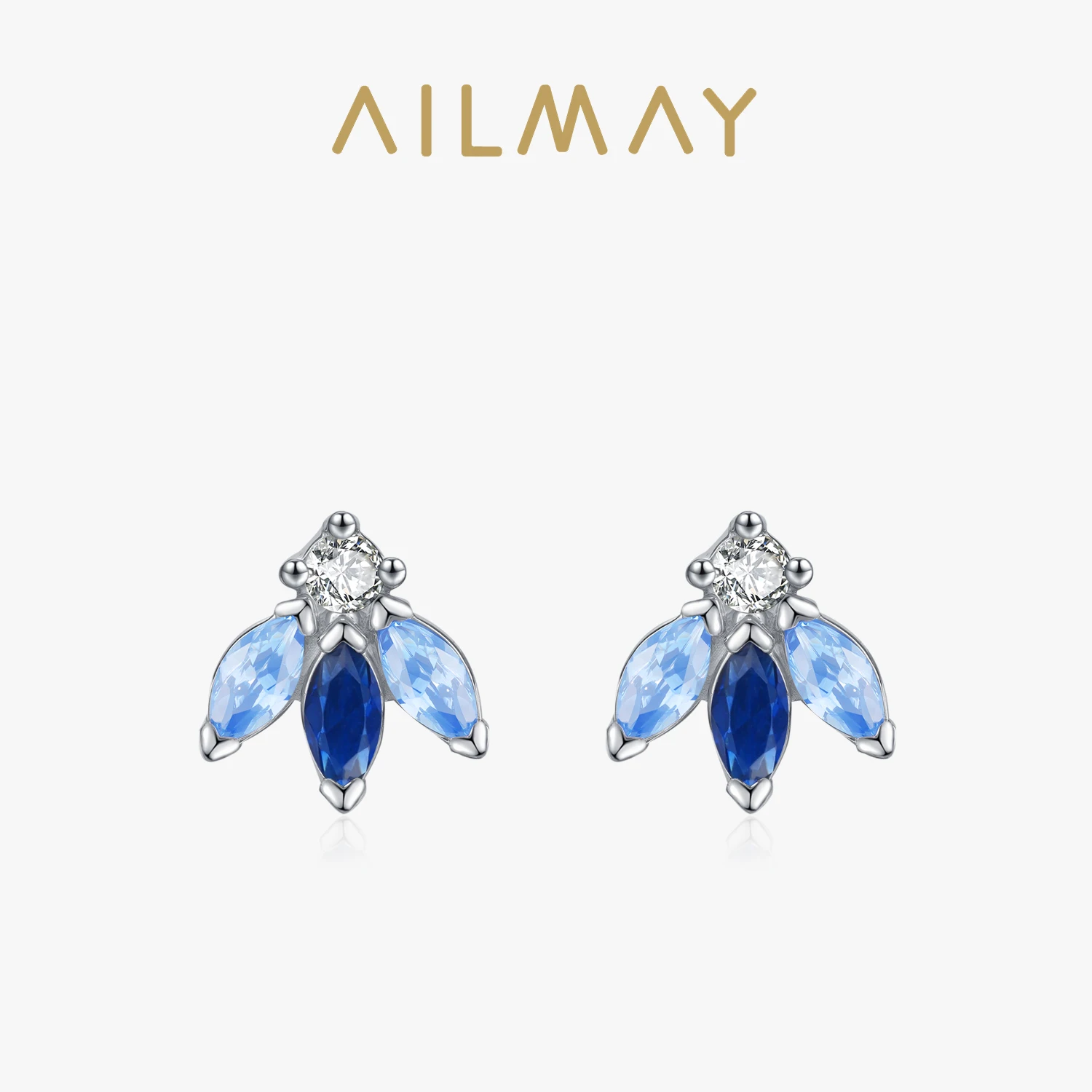 Ailmay 925 Sterling Silver Fashion Blue Horse Eye Zircon Stud Earrings for Women Geometric New Model Fine Jewelry