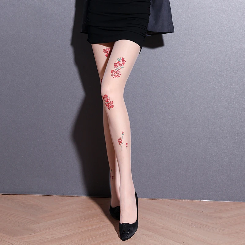 

Fashion Retro Rose Print Women's Sexy Pantyhose Thin Elastic Anti-Hook Silk Stockings Lolita Hottie Floral Pattern Nylon Tights