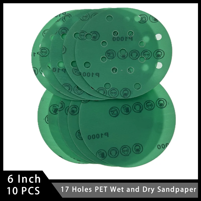 6 Inch PET Film Wet and Dry Sandpaper 10 Pcs with 17 Holes Hook and Loop Assorted 60-2000 Grits for Car Polishing Finishing