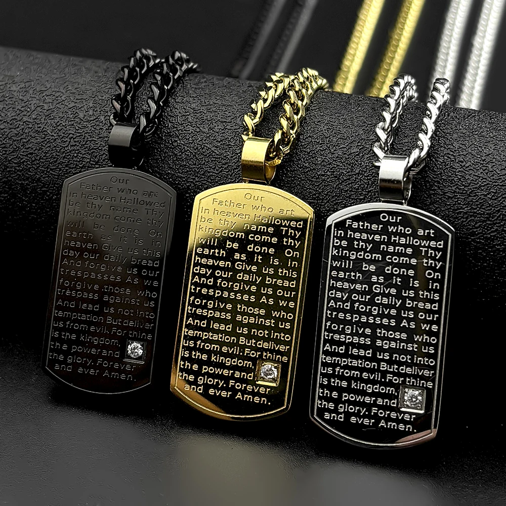English Lord's Prayer Bible Verse Jesus Cross Chain Necklace Stainless Steel Rhinestone Christian Our Father Medal Jewelry Gift