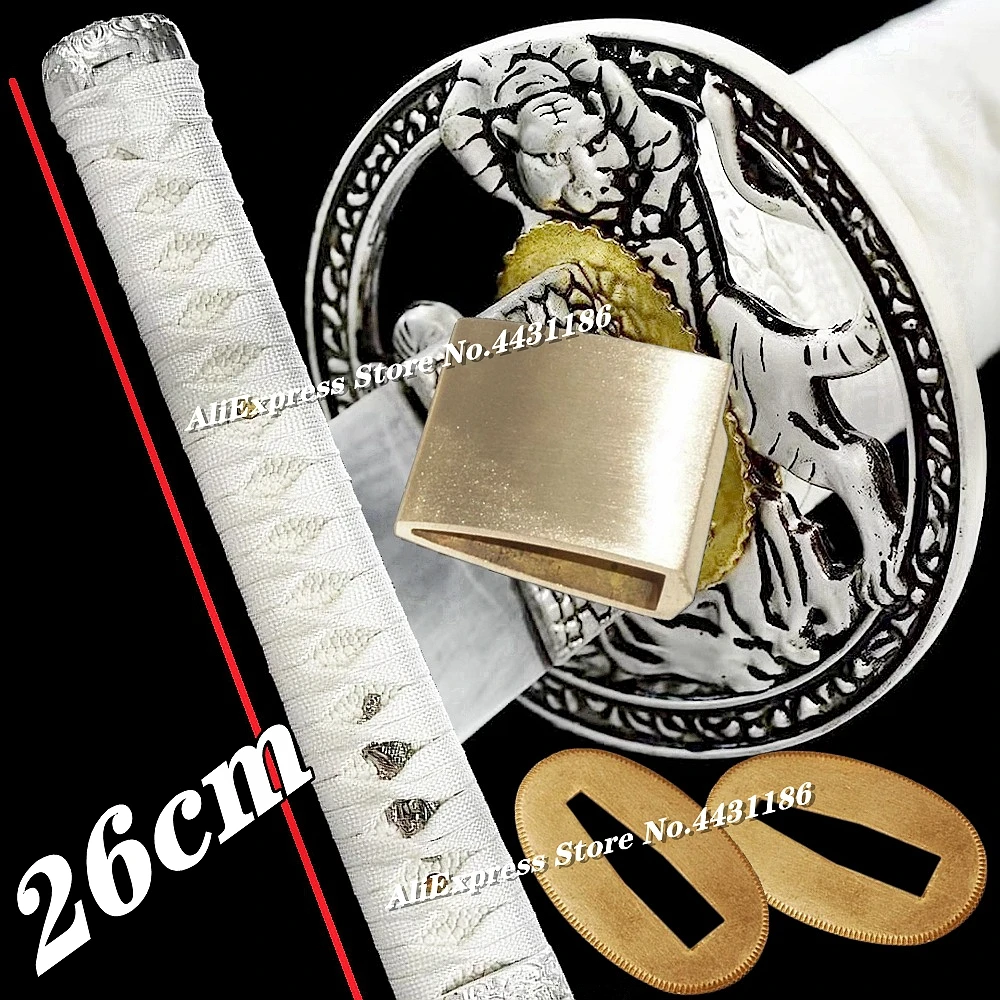 26cm branco ito lidar com katana tsuka japonês samurai espada guarda diy acessórios tigre tsuba + menuki + fuchi + kashira + habaki + seppa