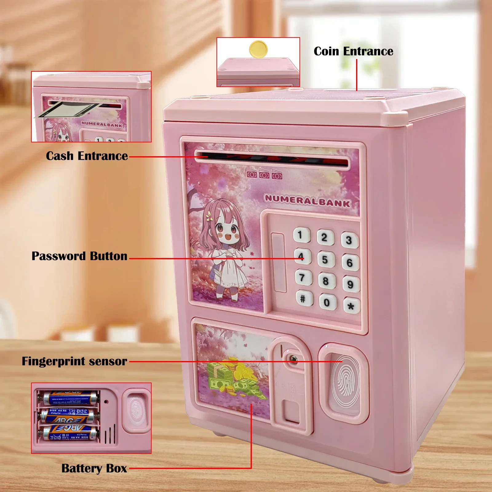 Children's Electric Piggy Bank Password Simulation Fingerprint Automatic Money Box Roll Money Coin Storage Box Children Gift