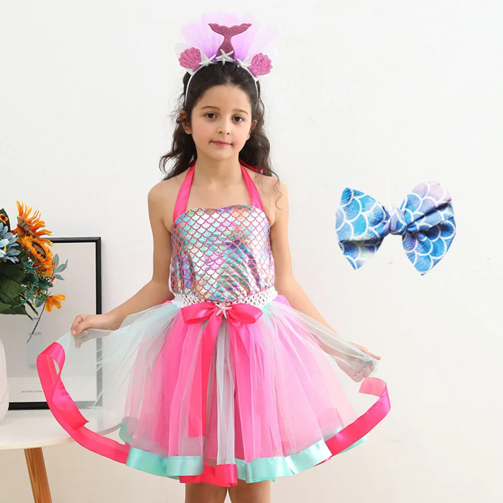 

Girls Party Dresses Mermaid Princess Dress with Headdress Three-Piece Set Girl Birthday Party Colorful Mesh Dress Girls Clothes