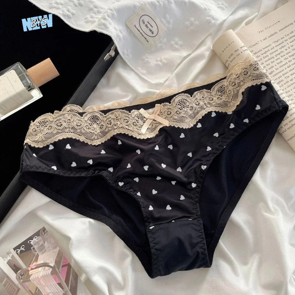 

Thin Low Waist Lace Panties Heart Satin Silk Underwear for Women Cotton Crotch Lingerie Mesh Lace Briefs Girl