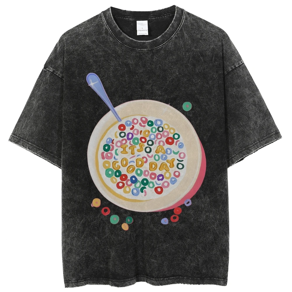 トレンディなヴィンテージユニセックスグラフィック Tシャツシリアルボウル Tシャツプレミアムコットン高品質オーバーサイズウォッシュ Tシャツカラフルな Y2K スタイル