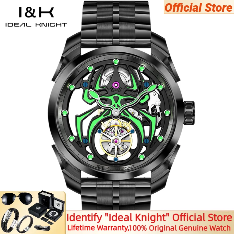 ساعة IDEAL KNIGHT NO:6802 Real Tourbillon للرجال هيكل عظمي عنكبوت مضيء من الفولاذ الأسود ساعة يد ميكانيكية أوتوماتيكية