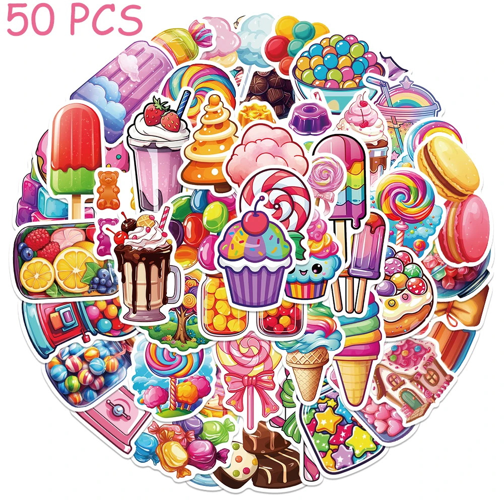 50pcs Colorful candy Stickers Cartoon Cute Aesthetic Decals For Laptop Skateboard Suitcase Guitar Waterproof Stickers Kids Gift