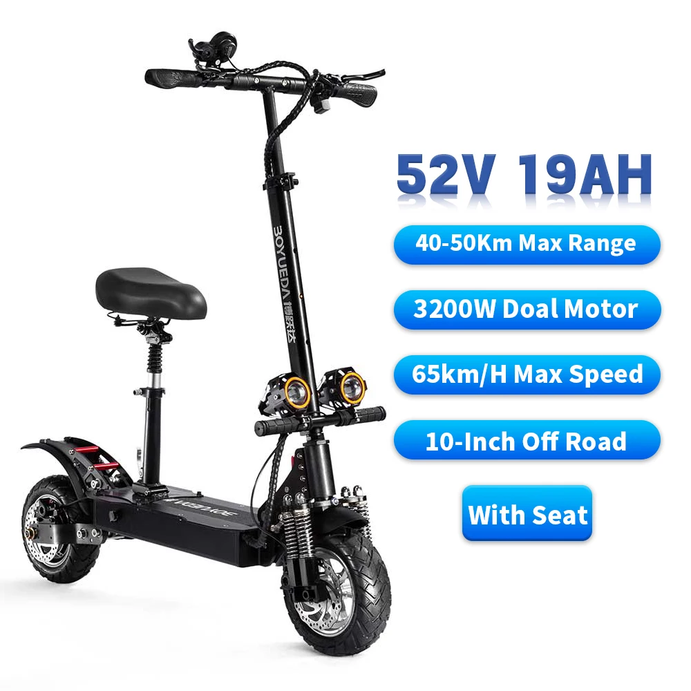 

3200W 52V 19ah Off-road Electric Scooter For Adult with Seat 40-50KM Range Folding Waterproof Dual Motor 65km/h 10 inch E-bike