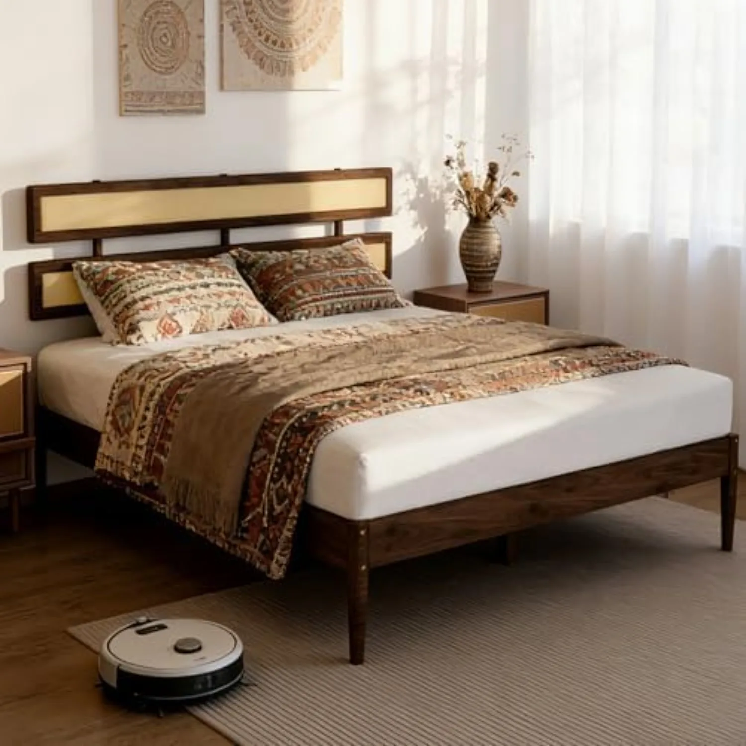 Solid Wood Full Size Rattan Bed Frame with Headboard, Boho Platform Panel Bed,Brown