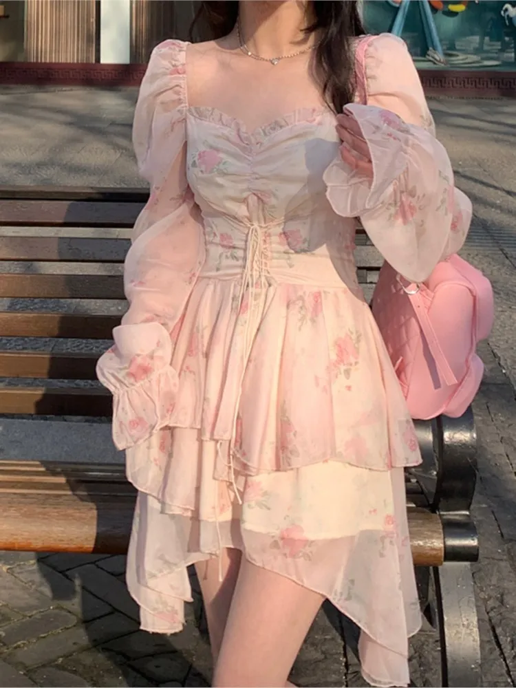 

Korean Print Ruffles Pink Mini Dress Slim Wasit Fairy Puff Sleeve Ball-Gown Square-Collar Vestidos 2025 Summer Chic New Clothes