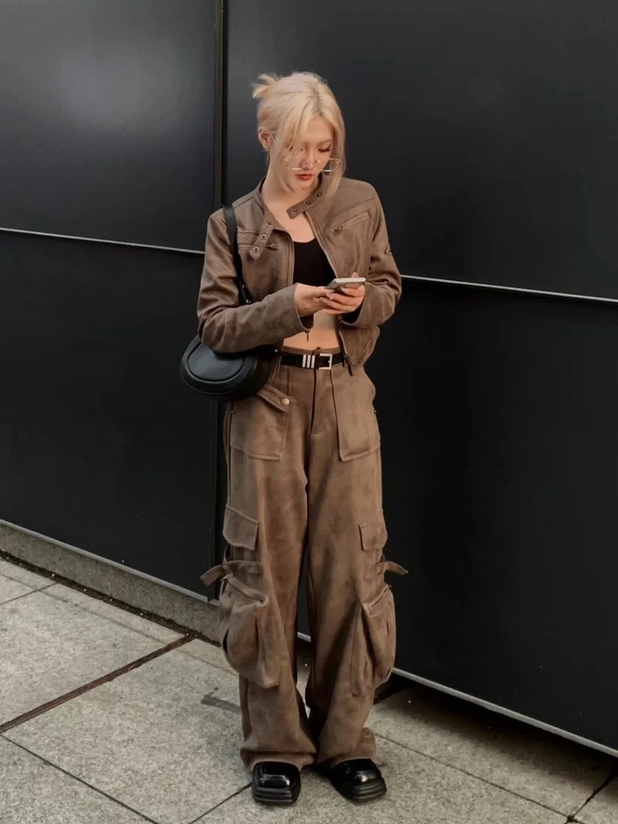 レトロアメリカンクールバイクジッパーブラウンスエードort Jaetレディース秋パンクデザインセンスレザーコートストリートスレ