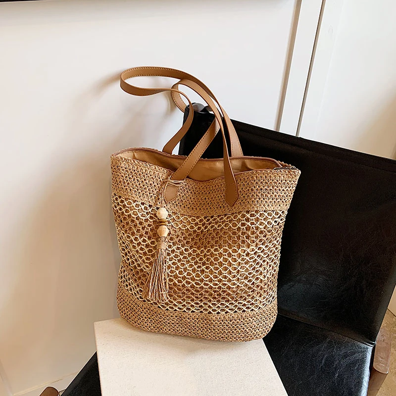Sommer Stroh Taschen für Frauen Hohe Qualität Rattan Schulter Tasche Reise Handarbeit Gewebt Strand Handtaschen Weibliche Große Kapazität Totes – Detail 14